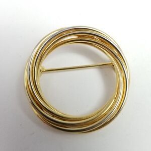 Vintage Circle Brooch, Gold Tone Spiral Wreath Lapel Pin, Minimal Unisex Estate